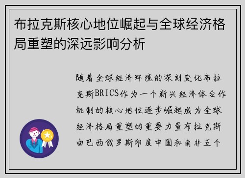 布拉克斯核心地位崛起与全球经济格局重塑的深远影响分析